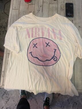 NIRVANA Cream Tee with Pink Smiley Logo
